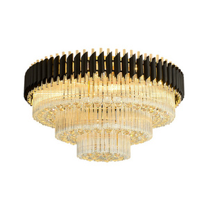 Black chandelier crystal lights flush mounted fixture ceiling luxury 3 layers lamparas de techo