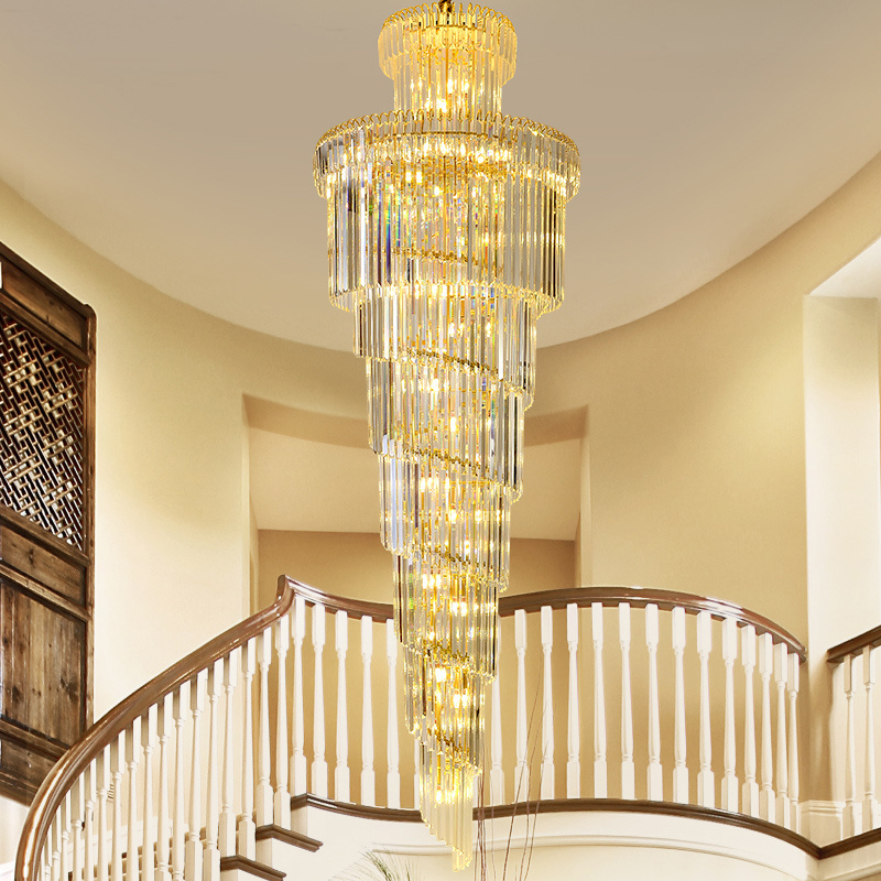 Long stair crystal chandelier gold metal hotel villa hanging pendant light