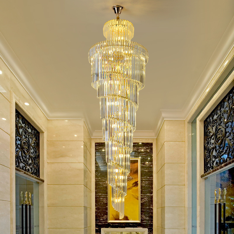 Long stair crystal chandelier gold metal hotel villa hanging pendant light