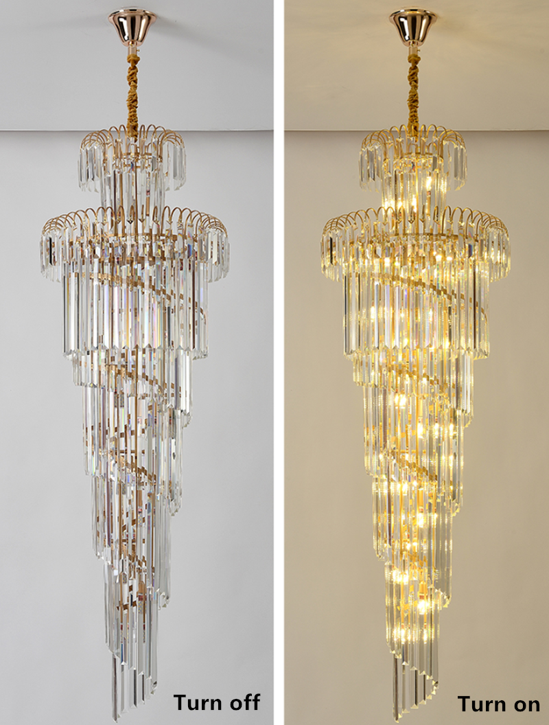 Long stair crystal chandelier gold metal hotel villa hanging pendant light