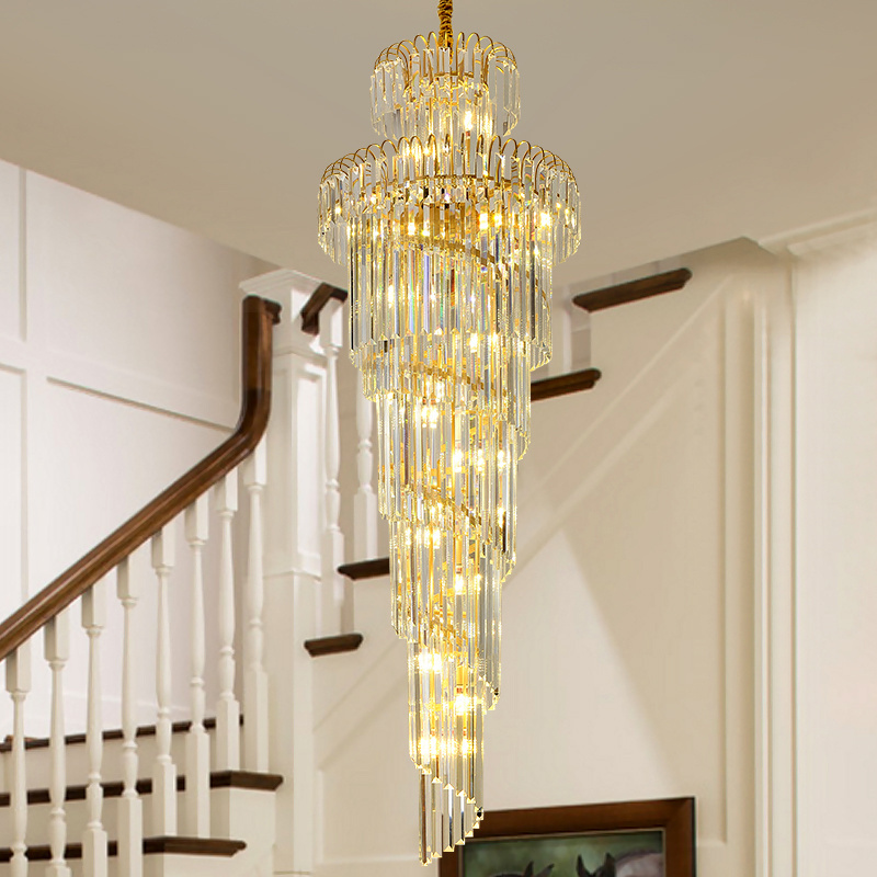 Long stair crystal chandelier gold metal hotel villa hanging pendant light