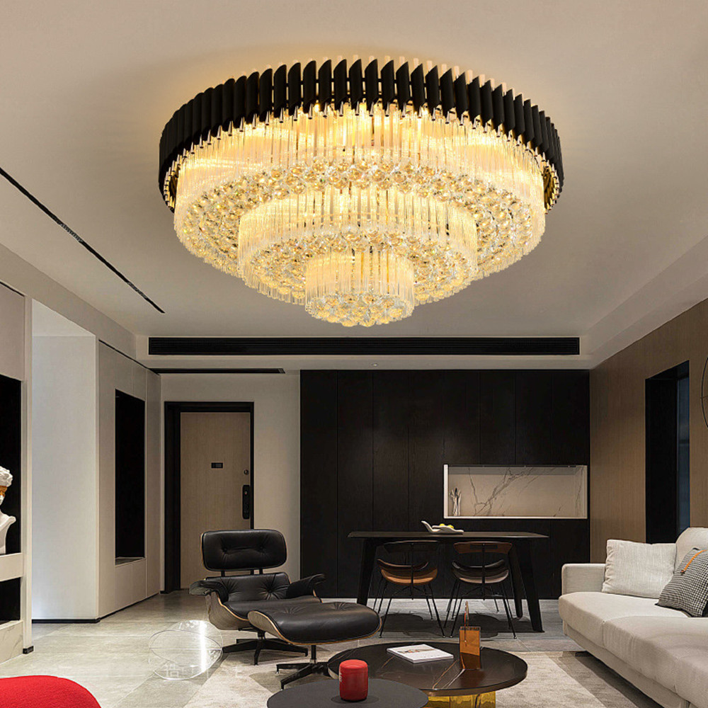 Black chandelier crystal lights flush mounted fixture ceiling luxury 3 layers lamparas de techo