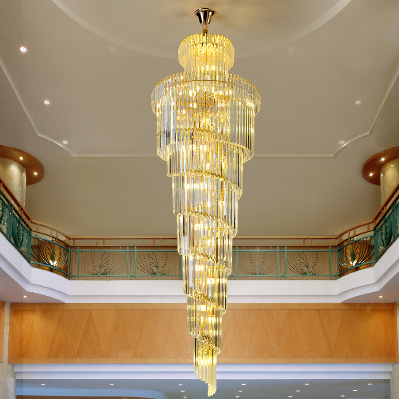 Long stair crystal chandelier gold metal hotel villa hanging pendant light