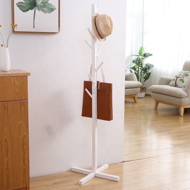 8 Hangers Wood Coat Hat Stand Multi-Function Hall Tree with Cross Base