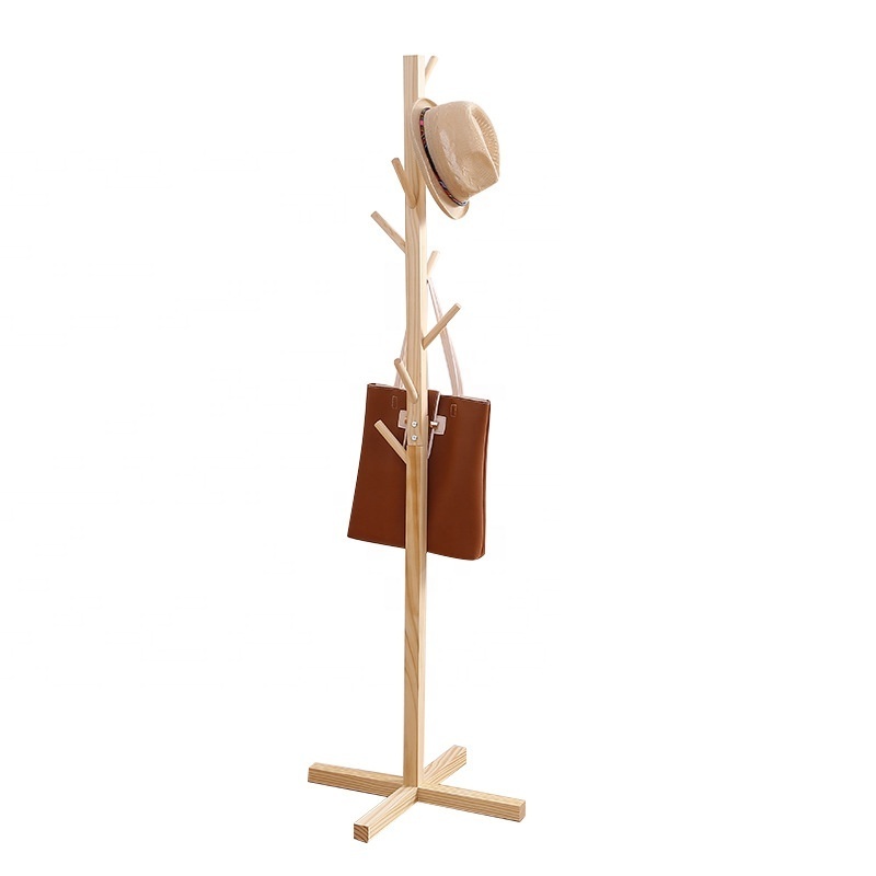 8 Hangers Wood Coat Hat Stand Multi-Function Hall Tree with Cross Base