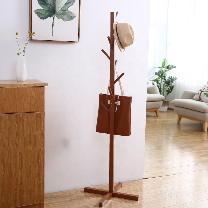 8 Hangers Wood Coat Hat Stand Multi-Function Hall Tree with Cross Base