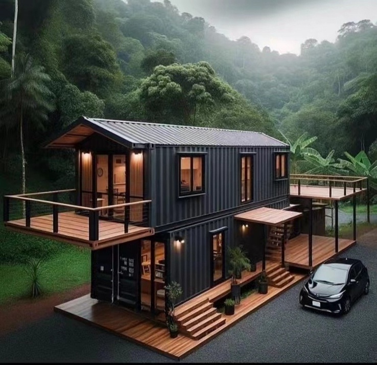 Modular construction of wooden shacks and villas for prefabricated mobile houses with pointed roofs