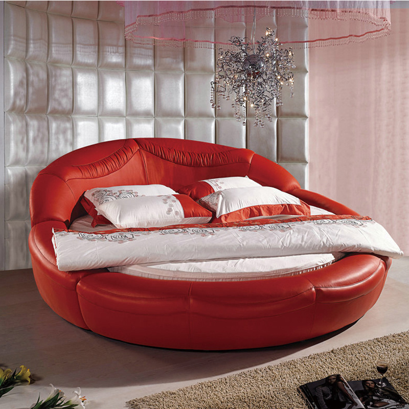 European Design Circle Bed with 2 Small Coffee Tables on Side, Guangdong Foshan King Size Cheap Round Bed Prices