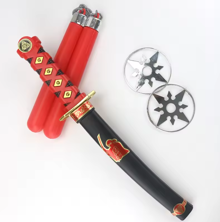 Most Popular Plastic Toy Samurai Sword With Red Nunchaku Darts Knife and Fork Weapon Play Set For Kids