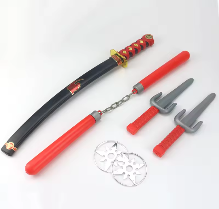 Most Popular Plastic Toy Samurai Sword With Red Nunchaku Darts Knife and Fork Weapon Play Set For Kids