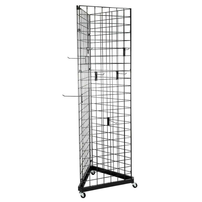 3 Side Black Steel 2'x6' Wire Grid Triangle Tower Retail Store Shopping Display Rack with Casters Rolling