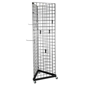 3 Side Black Steel 2'x6' Wire Grid Triangle Tower Retail Store Shopping Display Rack with Casters Rolling