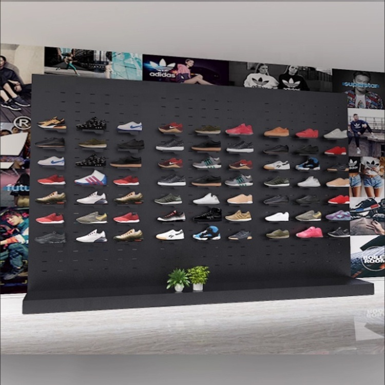 Modern fashion custom sports footwear brand logo steel frame black wall mounted shoe display for retail shop