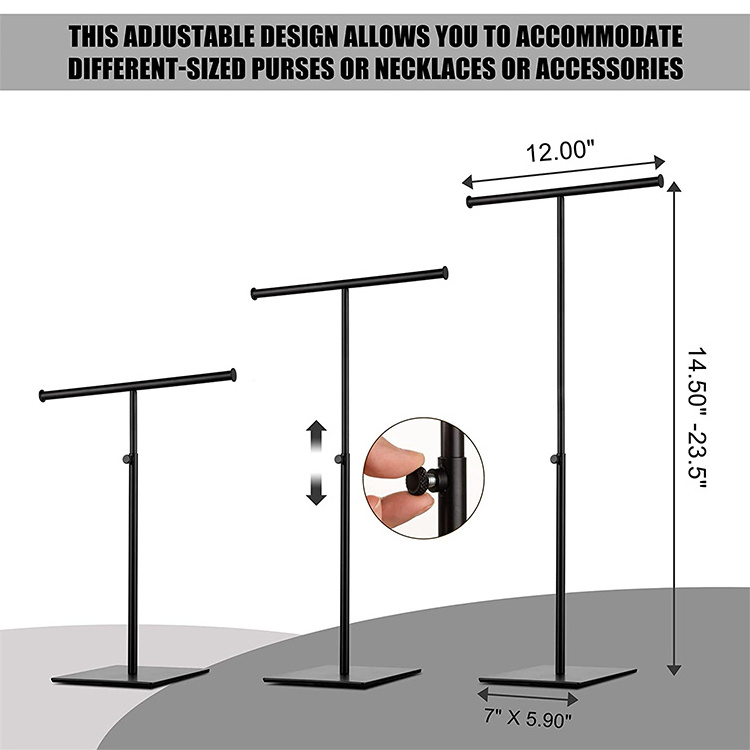 Black Adjustable Height Double Hook T Bar Handbag Display Tabletop Purse Display Stand for Long Necklaces