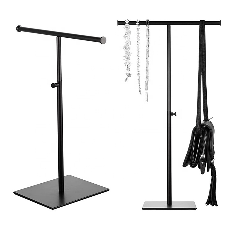 Black Adjustable Height Double Hook T Bar Handbag Display Tabletop Purse Display Stand for Long Necklaces