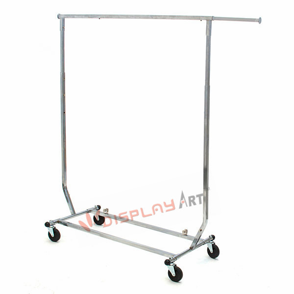 Supermarket Home Heavy Duty Chrome Metal Single Bar Collapsible Adjustable Display Garment Clothing Wheels Hanging Rack