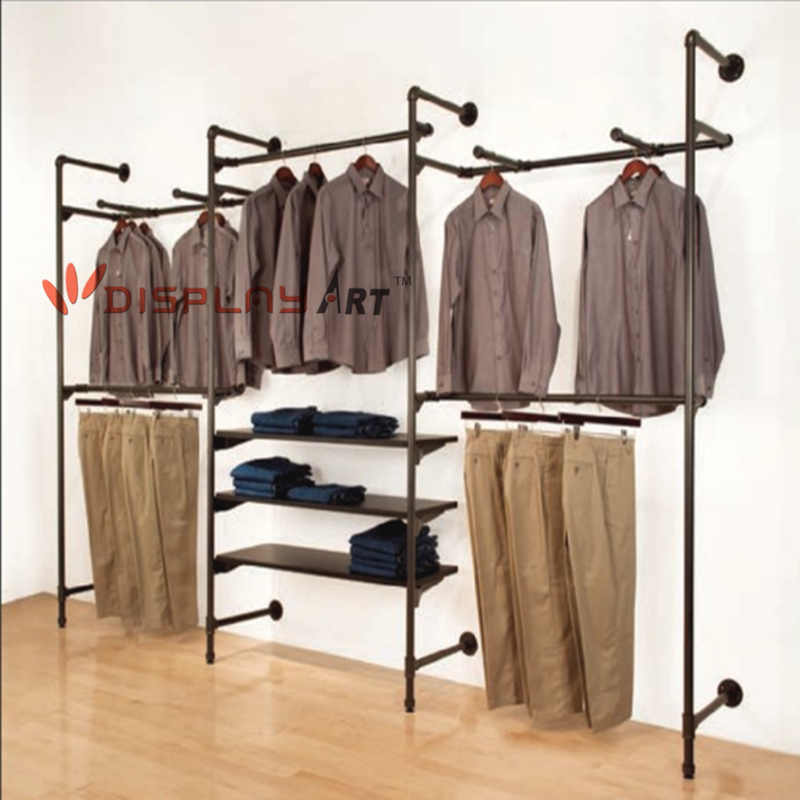 Industrial Pipe Wall Mount Clothes Rack with Wood Shelf