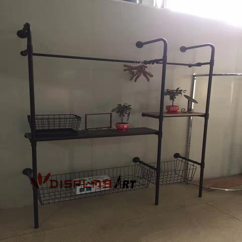 Industrial Pipe Wall Mount Clothes Rack with Wood Shelf