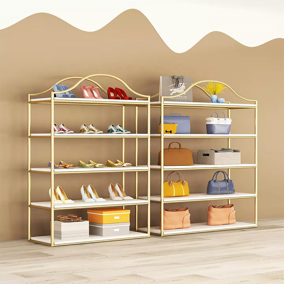 Multi-layer Shop Furniture Metal Display Stand Best Selling Glossy Stainless Steel Gold Shoe Bag Display Rack Display Shelf