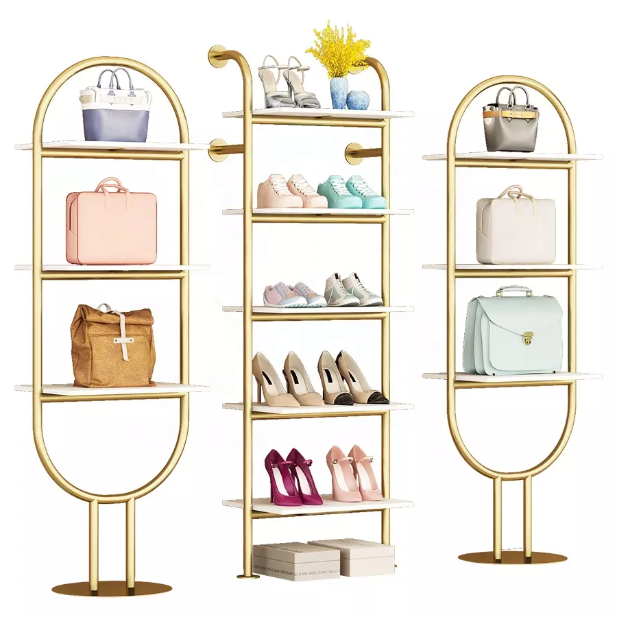 Multi-layer Shop Furniture Metal Display Stand Best Selling Glossy Stainless Steel Gold Shoe Bag Display Rack Display Shelf