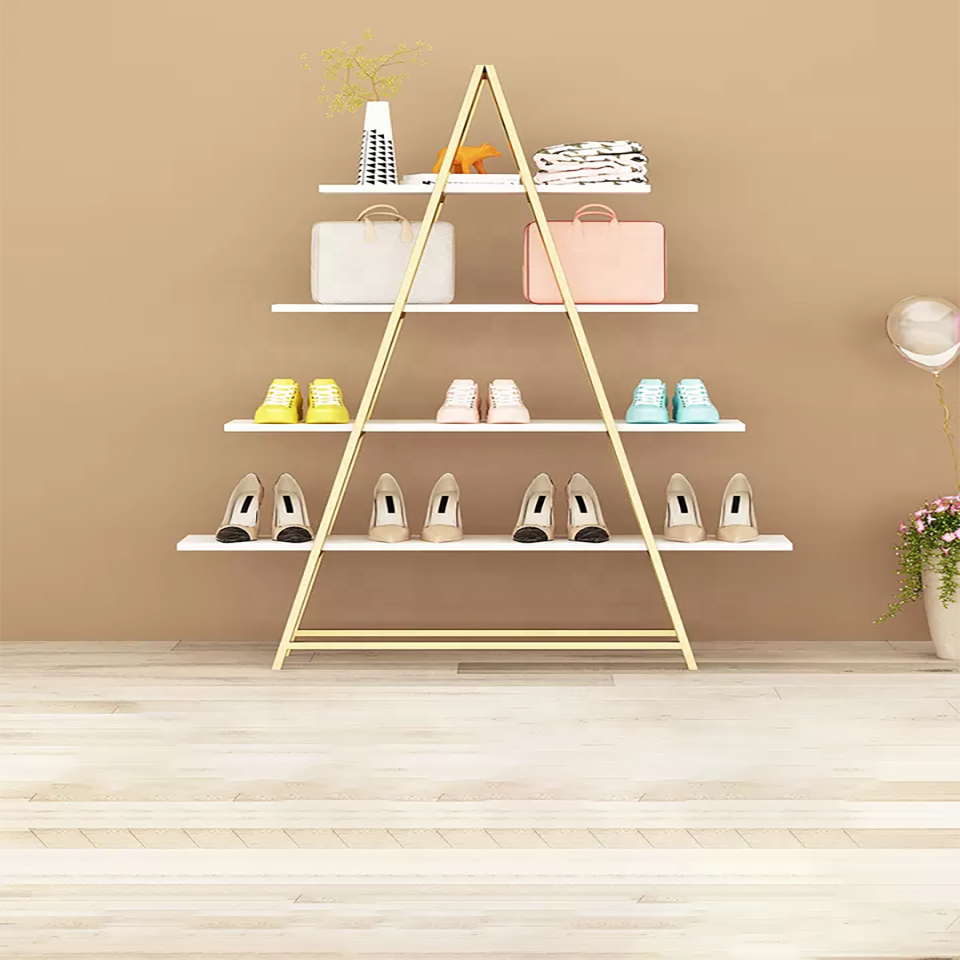 Multi-layer Shop Furniture Metal Display Stand Best Selling Glossy Stainless Steel Gold Shoe Bag Display Rack Display Shelf