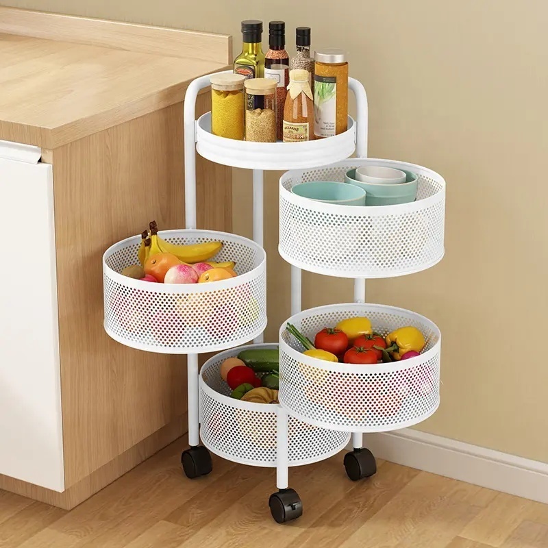 Kitchen 4 Tier Moving Organizer Shelf Rotating Square Basket Household Items Fruits And Vegetables Storage Rack with Wheels