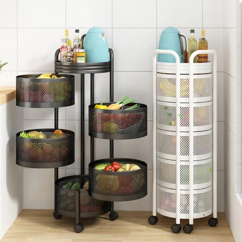 Kitchen 4 Tier Moving Organizer Shelf Rotating Square Basket Household Items Fruits And Vegetables Storage Rack with Wheels