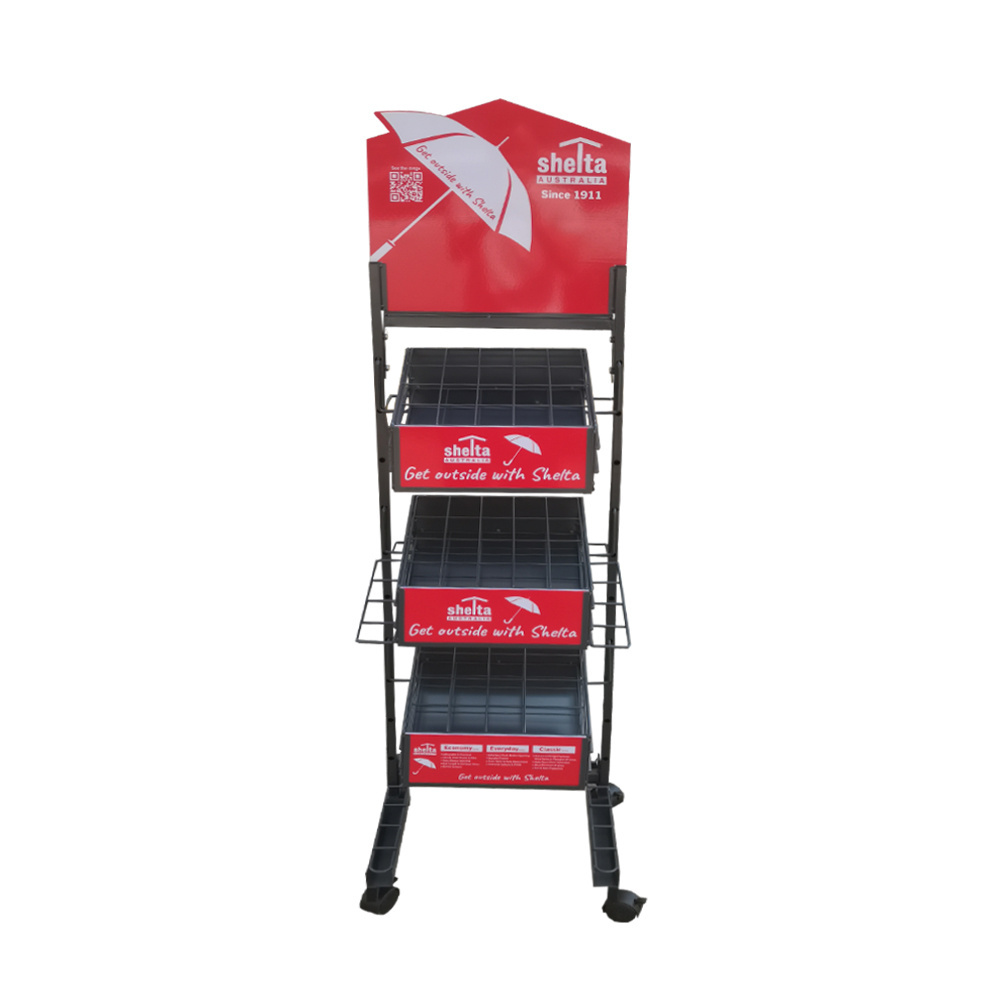 Retail store point of sales metal 3 tiers shelf stand with wheels rack display for umbrella