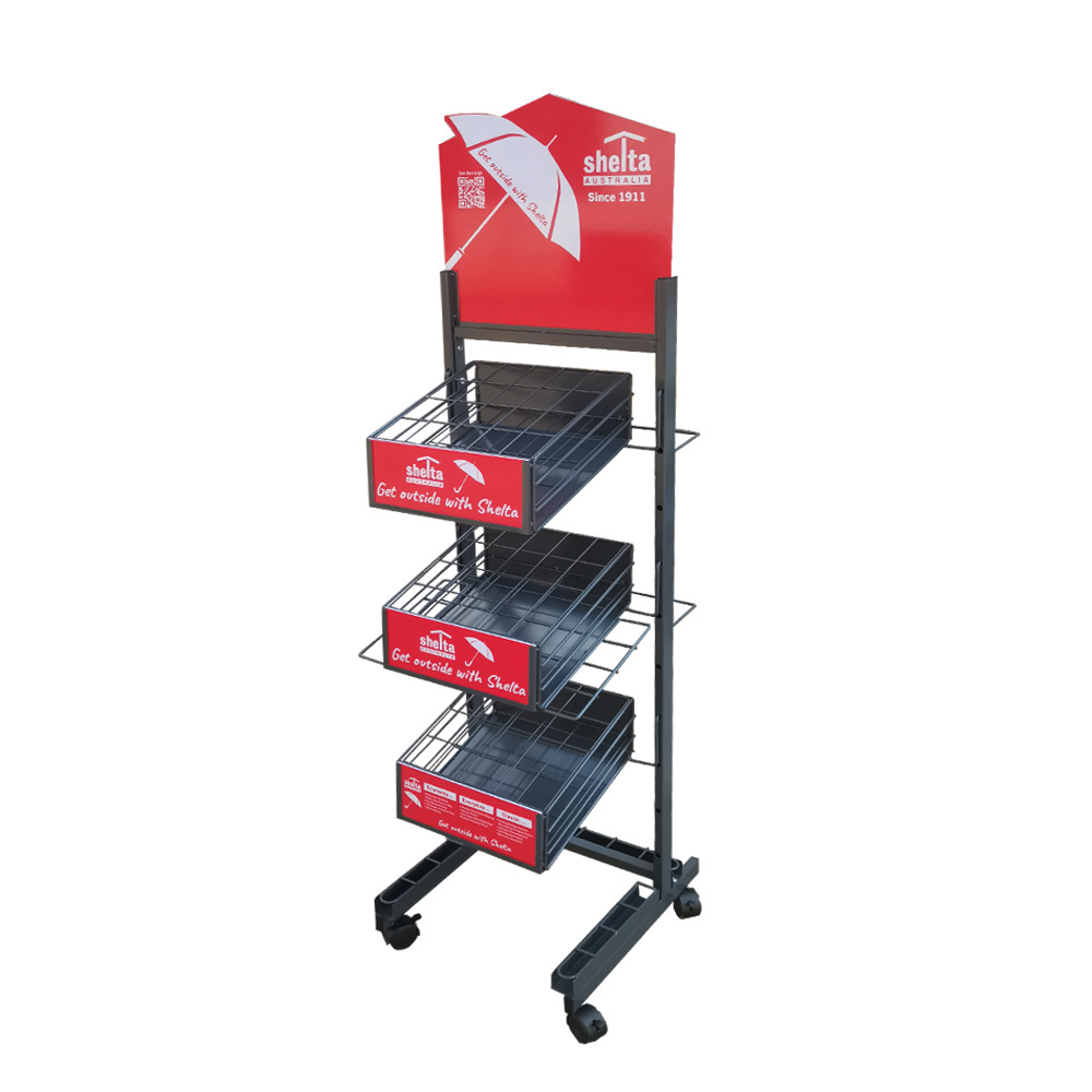 Retail store point of sales metal 3 tiers shelf stand with wheels rack display for umbrella