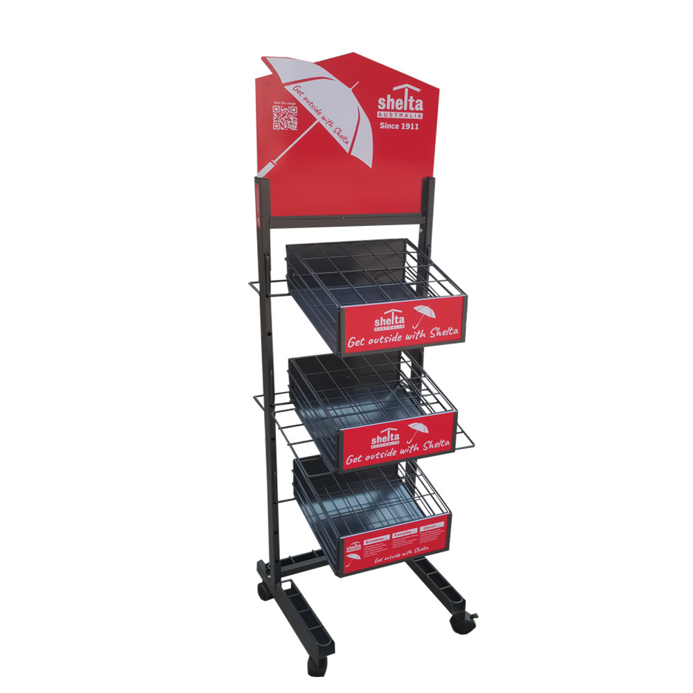 Retail store point of sales metal 3 tiers shelf stand with wheels rack display for umbrella