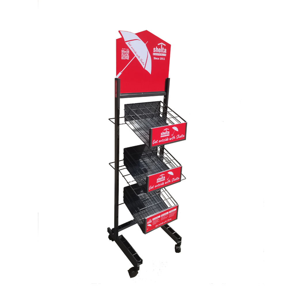 Retail store point of sales metal 3 tiers shelf stand with wheels rack display for umbrella