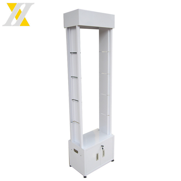 Shelves Display Rack with Cabinet Free Standing Glass Spray Paint Metal White Floor Standing Displaying Cosmetic, Light Items