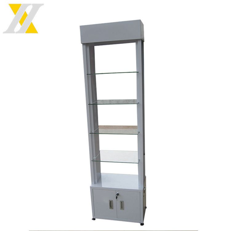 Shelves Display Rack with Cabinet Free Standing Glass Spray Paint Metal White Floor Standing Displaying Cosmetic, Light Items