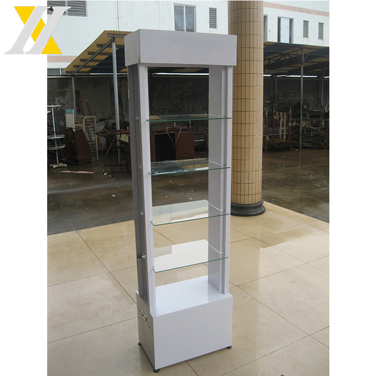 Shelves Display Rack with Cabinet Free Standing Glass Spray Paint Metal White Floor Standing Displaying Cosmetic, Light Items