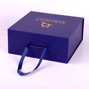 Magnetic Gift Box Blue Packaging Custom Gold Stamping Logo Printed Folding Paper Flat Pack Gift Boxes With Handle