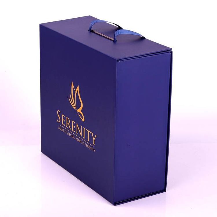 Magnetic Gift Box Blue Packaging Custom Gold Stamping Logo Printed Folding Paper Flat Pack Gift Boxes With Handle