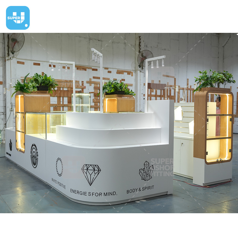 Customized 3D Crystal Mall Kiosk Ideas Mineral Store Showcase Design Jewelry Glass Display Cabinet for Retail Shop