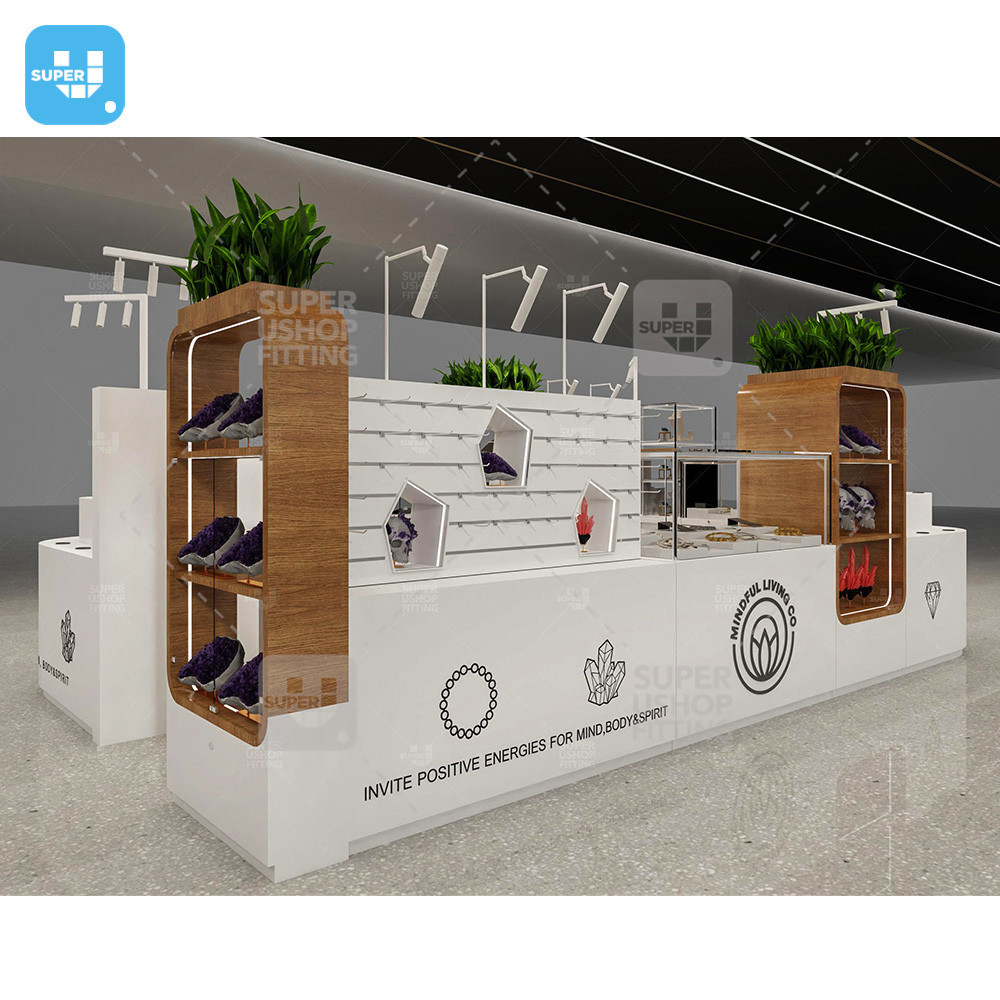 Customized 3D Crystal Mall Kiosk Ideas Mineral Store Showcase Design Jewelry Glass Display Cabinet for Retail Shop