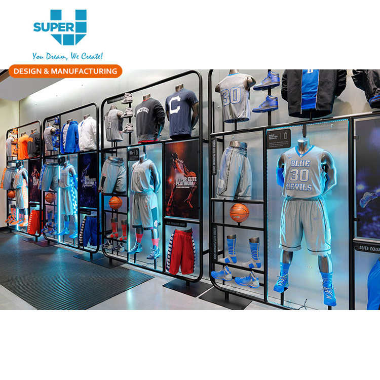 Custom Wall Mounted Display Rack Shopping Mall Customized Metal Wall Display Units for Sports Wear Retail Store