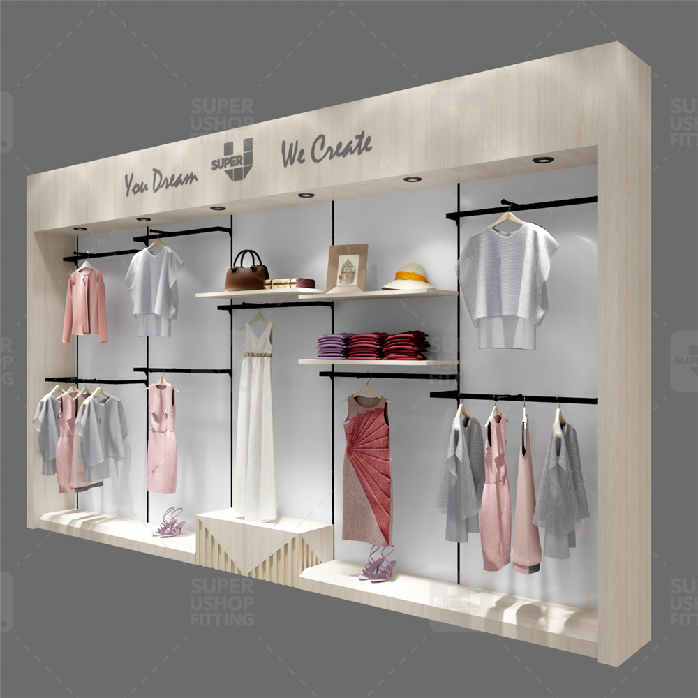 Custom Boutique Shop Fittings and Display Wooden Clothes Wall Display Cabinet Furniture Hot Retail Clothing Store Display Shelf