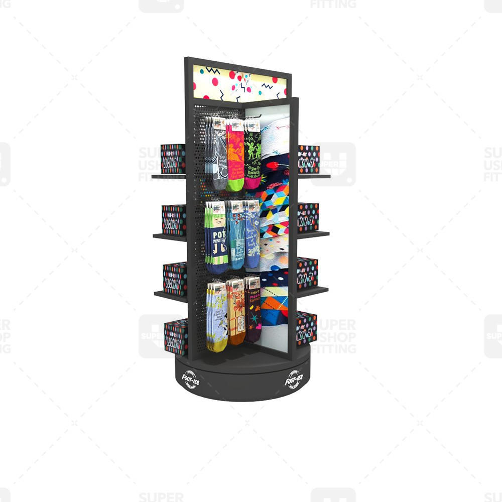 Custom Retail Metal Footwear Pos Display Shelf Wooden Rotating Stockings Pop Up Floor Metal Socks Display Stands with Hooks