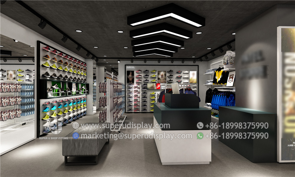 Professional Customized Shoes Display Stand Sportswear Shop Interior Design Ideas Modern Sneaker Retail Shop Wall Display Shelf