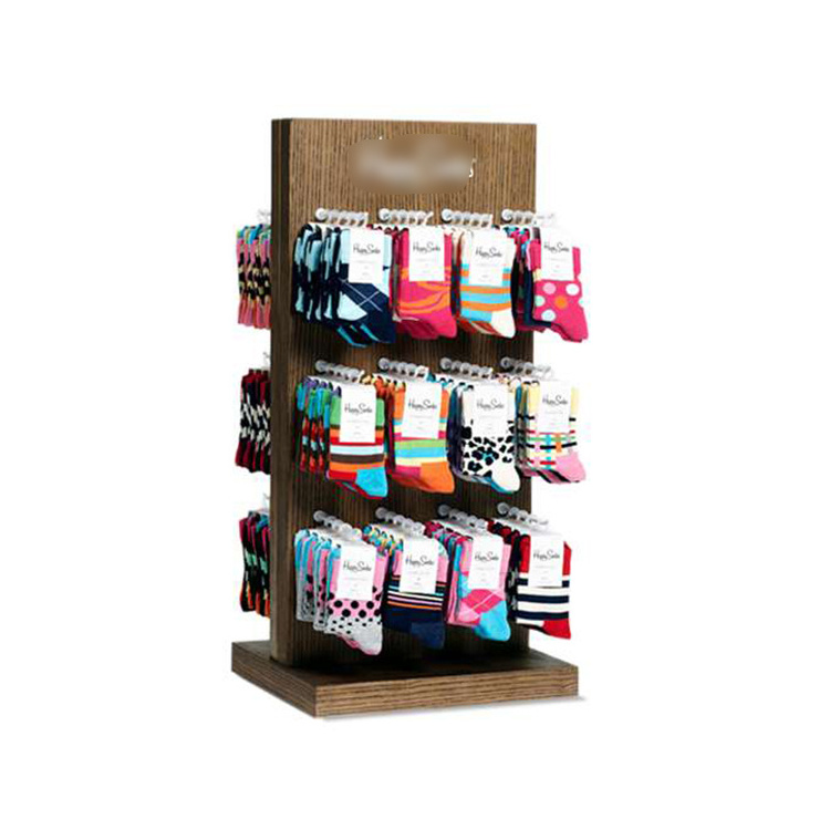 Custom Retail Store Countertop Stockings Display Stand Wood Veneered Hanging Hook Socks Counter Display Stand