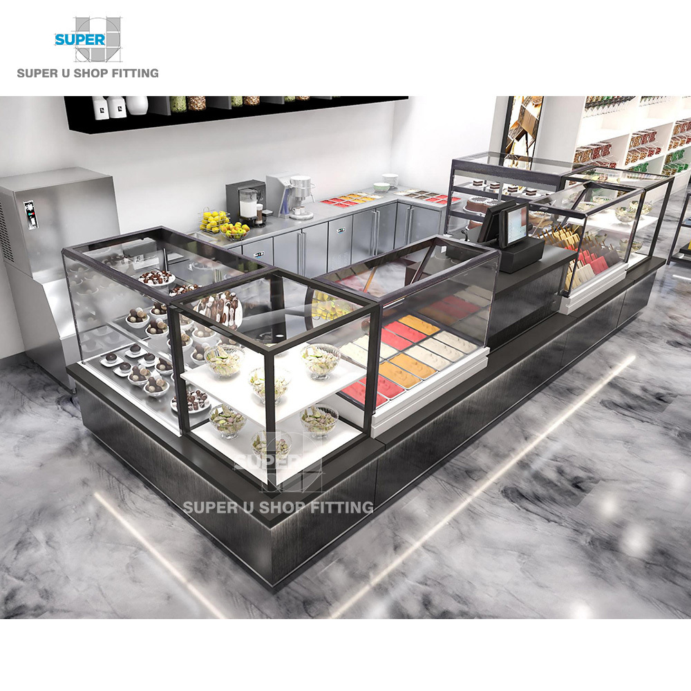 Modern Nuts Store Fixture Design Retail Shop Snacks Display Hot Dessert Sweet Counter Decoration Ice Cream Display Cabinets