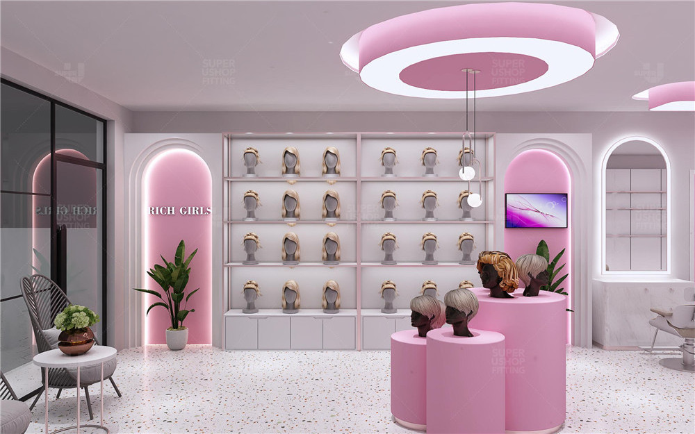 Custom Gold Stainless Steel Wig Display Shelf Hair Extensions Display Furniture Pink Beauty Salon Decoration