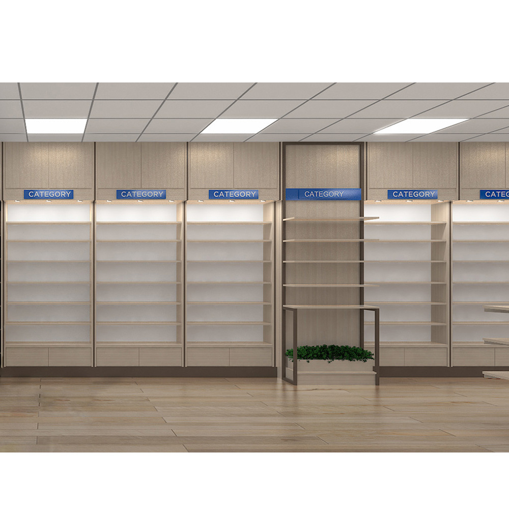 Modern MDF Wooden Pharmacy Shelves Shop Decor Fashion Pharmacy Design Interior Decoration Wall Shelving