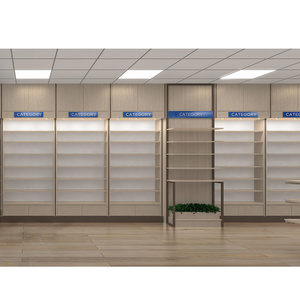 Modern MDF Wooden Pharmacy Shelves Shop Decor Fashion Pharmacy Design Interior Decoration Wall Shelving