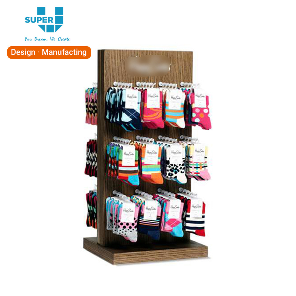 Custom Retail Store Countertop Stockings Display Stand Wood Veneered Hanging Hook Socks Counter Display Stand