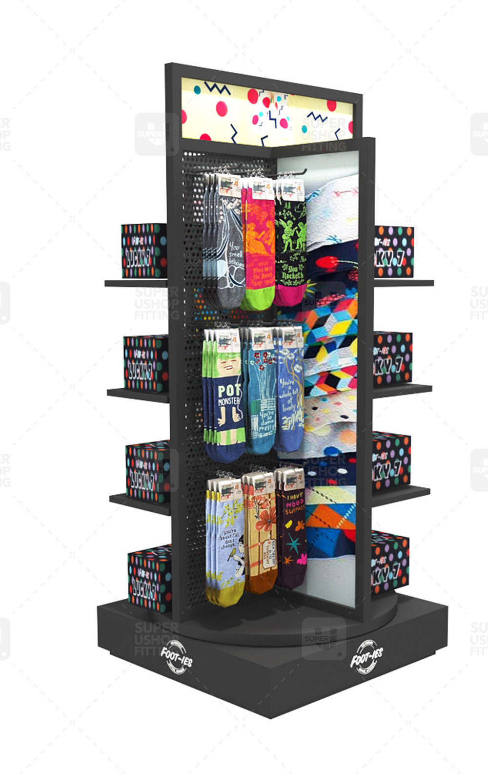 Custom Retail Metal Footwear Pos Display Shelf Wooden Rotating Stockings Pop Up Floor Metal Socks Display Stands with Hooks