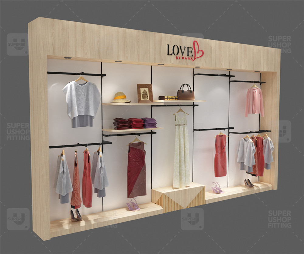 Custom Boutique Shop Fittings and Display Wooden Clothes Wall Display Cabinet Furniture Hot Retail Clothing Store Display Shelf